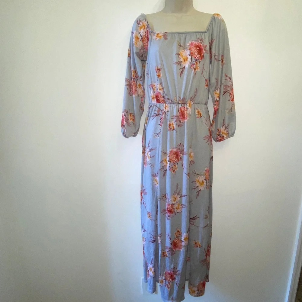 Grey Floral long sleeve Maxi Dress - Picture 1 of 5